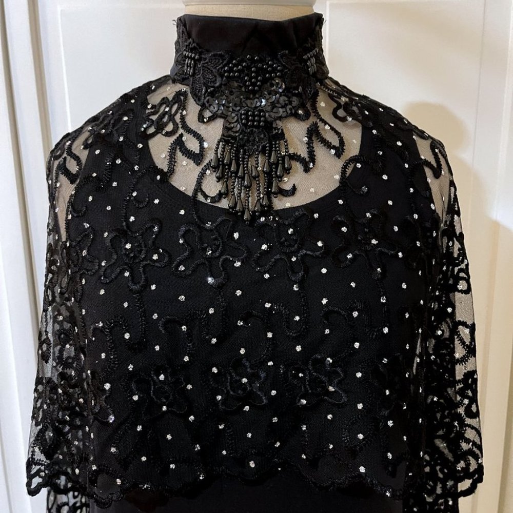 Victorian Vintage High Neck Capelet Black Womens M / L Sheer Beaded Fringed Cape - Picture 7 of 15